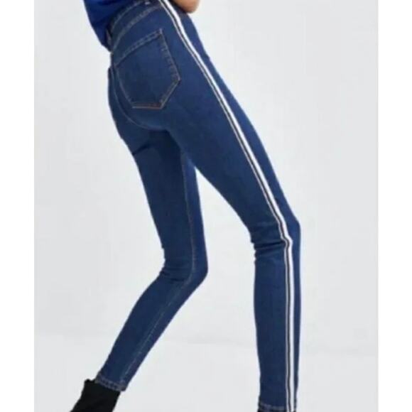 Zara Trafaluc Striped High Rise Skinny Jeans Womens 10 Stretch Blue White Pants - Picture 1 of 6